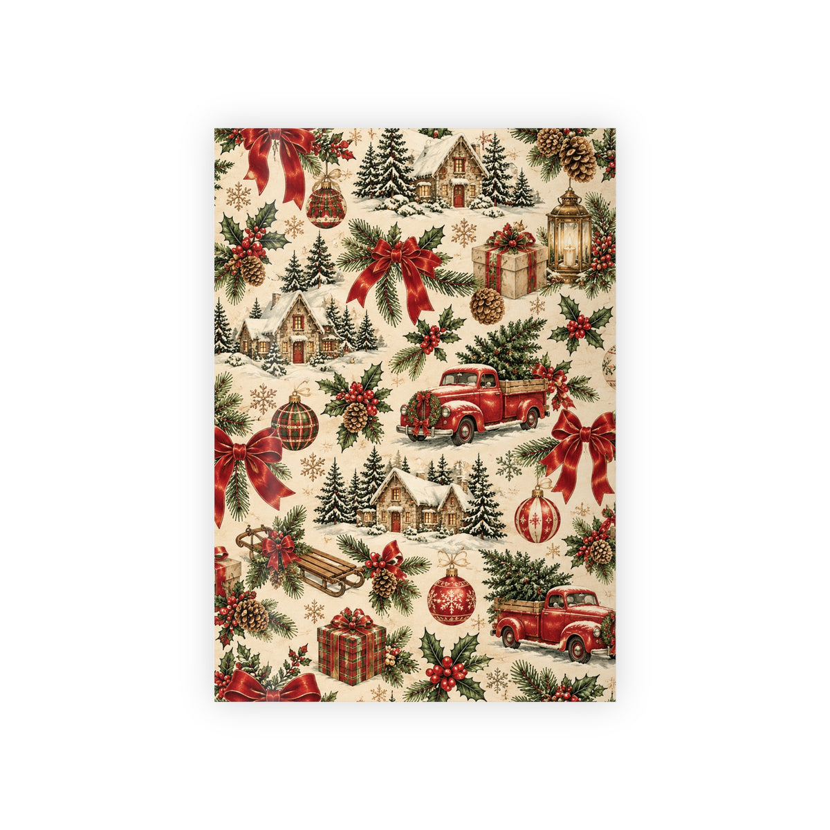 Christmas Gift Wrapping Paper Roll – Vintage Red Truck, Bows & Winter Village
