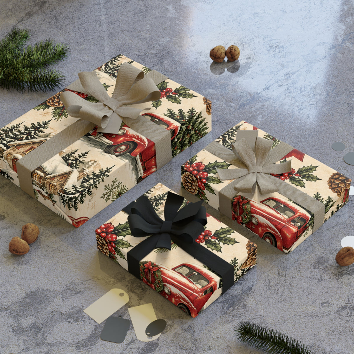Christmas Gift Wrapping Paper Roll – Vintage Red Truck, Bows & Winter Village